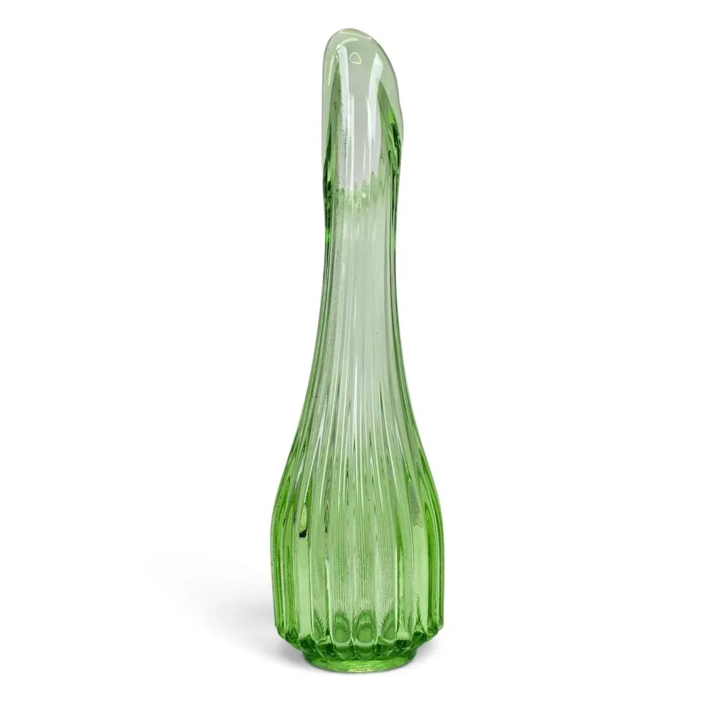 Vintage Green Ribbed Art Glass Swung Vase MCM Pulled Rim 12
